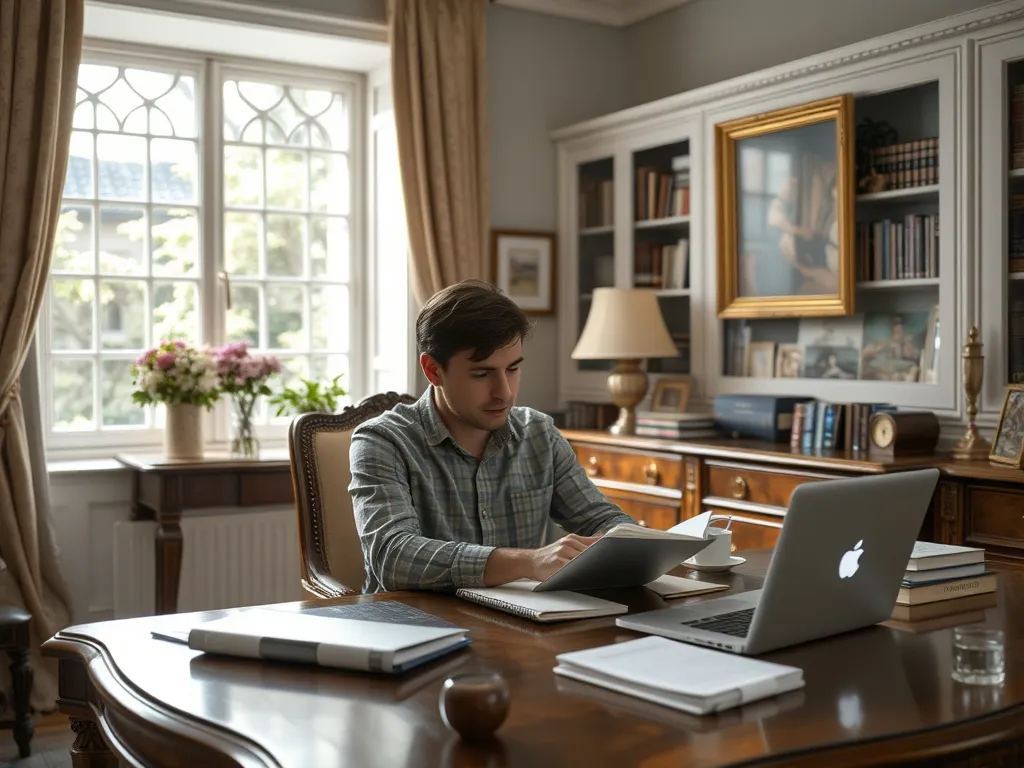 Antique desk with lamp